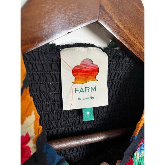 Farm Rio Chevron Tropical Forest Smocked Long Sleeve Blouse Black Small - Picture 4 of 10